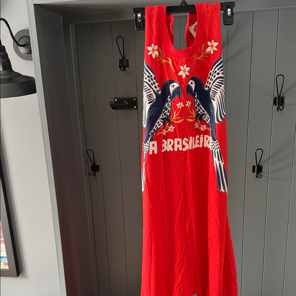 Farm Rio Red Wide Leg Jumpsuit with Parrot Graphic